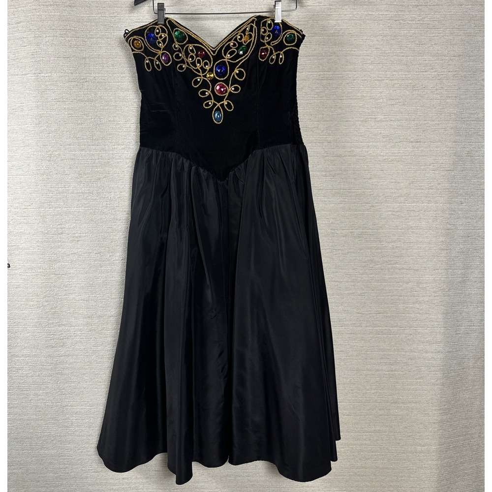 Vintage  Honeybee Jeweled Formal Dress Black Strapless Prom Gown 14 Gothic Glam